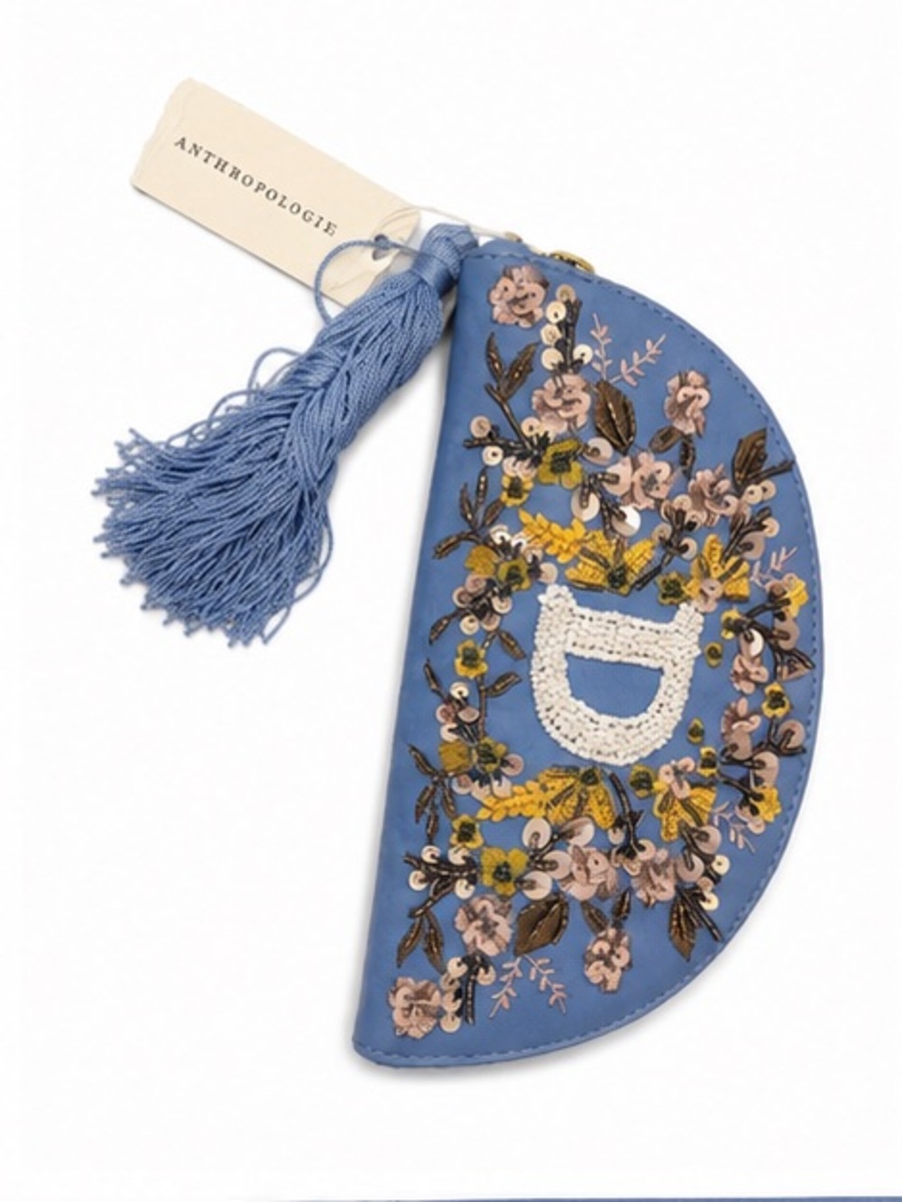 Anthropologie Anna Harlow Russo “D” Monogram Beaded Embroidered Pouch Purse